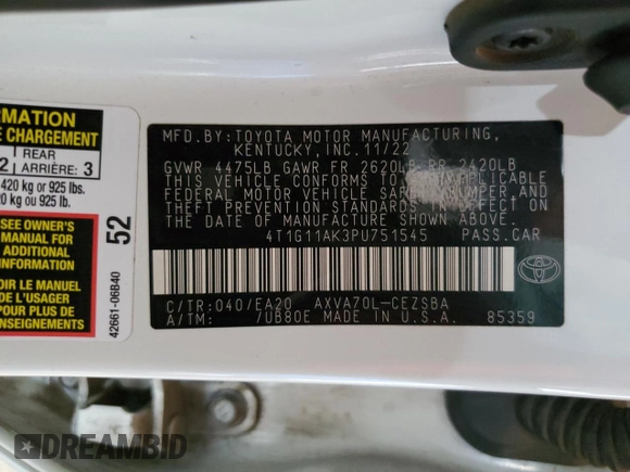 2023 Toyota Camry SE with VIN 4T1G11AK3PU751545, listed as a Copart auction lot 50363385 with 47,488 mi miles and Salvage Title. Bid and sale history available at DreamBid. Image 12.