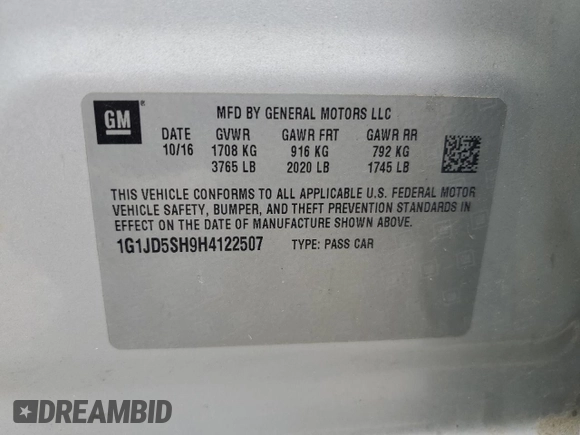 2017 Chevrolet Sonic LT z VIN 1G1JD5SH9H4122507, wystawiony jako Copart lot #55165265 z przebiegiem 173 818 mil mil oraz Szkoda całkowita • Salvage title. Historia ofert i sprzedaży dostępna na DreamBid. Obrazek 12.