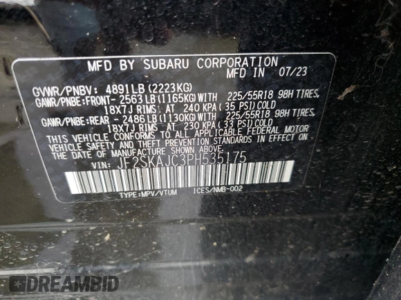 2023 Subaru Forester Sport with VIN JF2SKAJC3PH535175, listed as a Copart auction lot 45330115 with 45,258 mi miles and Salvage Title. Bid and sale history available at carsss.com. Image 12.