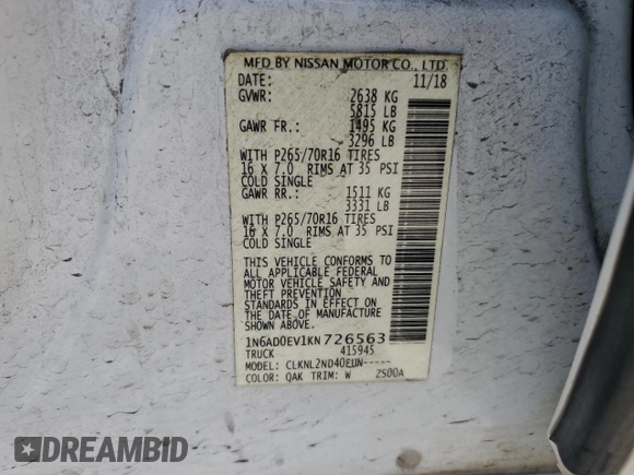 2019 Nissan Frontier Pro-4X with VIN 1N6AD0EV1KN726563, listed as a Copart auction lot 59562995 with 195,113 mi miles and Salvage title. Bid and sale history available at DreamBid. Image 12.