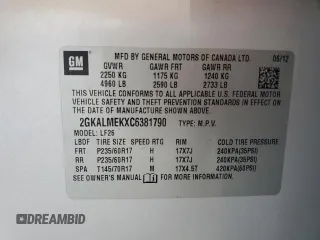 2012 GMC Terrain SLE-1 with VIN 2GKALMEKXC6381790, listed as a Copart auction lot 61859465 with 145,441 mi miles and Salvage title. Bid and sale history available at DreamBid. Image 13.