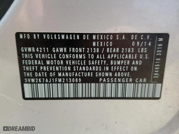 2015 Volkswagen Jetta Sedan 2.0L S with VIN 3VW2K7AJ1FM213089, listed as a Copart auction lot 49960685 with 94,755 mi miles and Salvage Title. Bid and sale history available at carsss.com. Image 12.