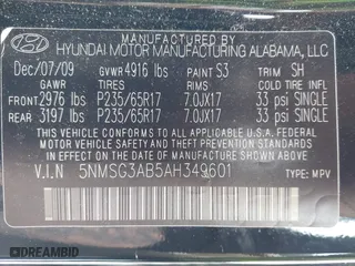 2010 Hyundai Santa Fe GLS with VIN 5NMSG3AB5AH349601, listed as a IAAI auction lot 41703468 with 181,052 mi miles. Bid and sale history available at carsss.com. Image 9.