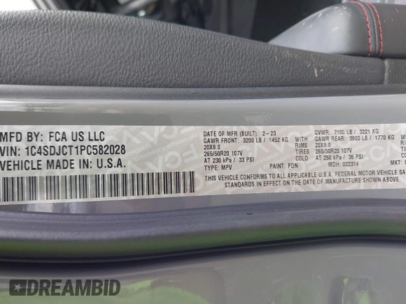2023 Dodge Durango R/T Plus с VIN 1C4SDJCT1PC582028, выставлен на аукционе IAAI как лот 42244917 с пробегом 52 276 миль миль и . История ставок и продаж доступна на DreamBid. Изображение 9.