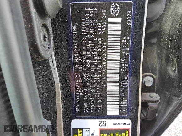 2022 Toyota Camry SE with VIN 4T1G11AK2NU698835, listed as a Copart auction lot 53816855 with 61,183 mi miles and Clean Title. Bid and sale history available at DreamBid. Image 12.
