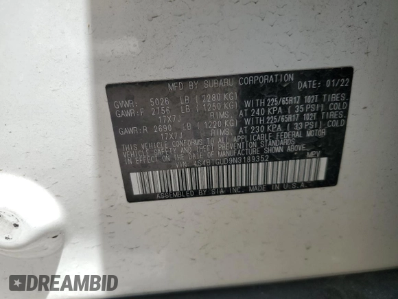 2022 Subaru Outback Wilderness with VIN 4S4BTGUD9N3189352, listed as a Copart auction lot 57911795 with 34,063 mi miles and Salvage title. Bid and sale history available at DreamBid. Image 13.