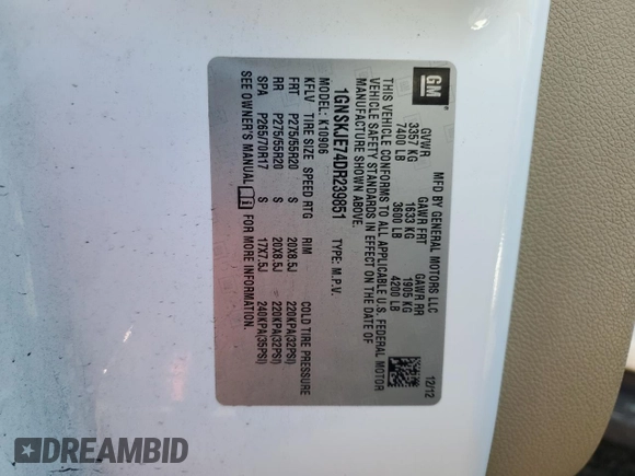 2013 Chevrolet Suburban LT with VIN 1GNSKJE74DR239851, listed as a Copart auction lot 44856425 with 203,074 mi miles and Salvage Title. Bid and sale history available at DreamBid. Image 13.