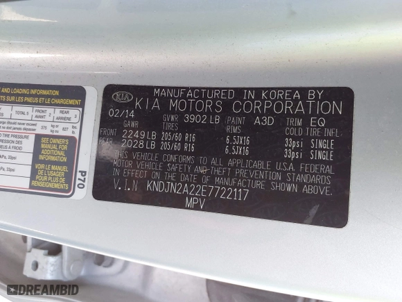 2014 Kia Soul with VIN KNDJN2A22E7722117, listed as a IAAI auction lot 42090386 with 114,695 mi miles. Bid and sale history available at carsss.com. Image 9.