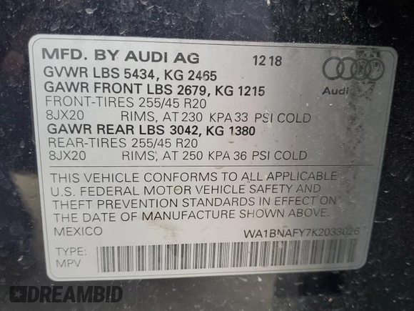 2019 Audi Q5 Premium Plus with VIN WA1BNAFY7K2033026, listed as a Copart auction lot 45955385 with 16,657 mi miles and Salvage Title. Bid and sale history available at carsss.com. Image 13.