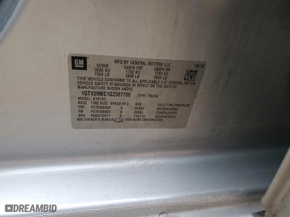 2016 GMC Sierra 1500 SLE with VIN 1GTV2MEC1GZ387786, listed as a Copart auction lot 87523675 with 0 mi miles and Salvage Title. Bid and sale history available at carsss.com. Image 12.