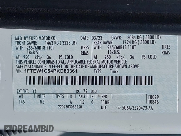 2023 Ford F-150 XL with VIN 1FTEW1C54PKD83361, listed as a IAAI auction lot 42236338 with 35,902 mi miles and . Bid and sale history available at DreamBid. Image 9.