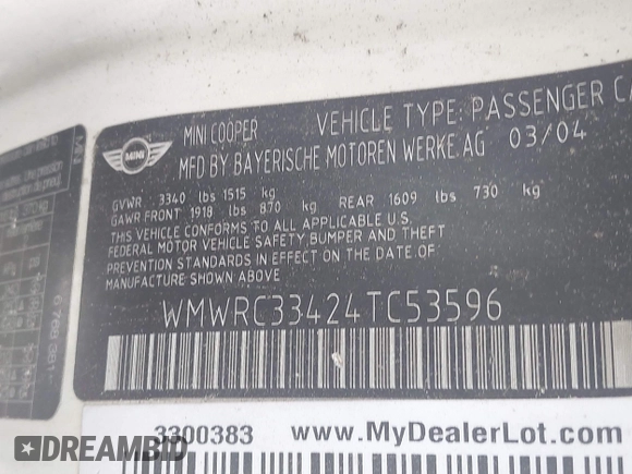 2004 MINI Hardtop z VIN WMWRC33424TC53596, wystawiony jako IAAI lot #42202887 z przebiegiem 237 482 mil mil oraz . Historia ofert i sprzedaży dostępna na DreamBid. Obrazek 9.