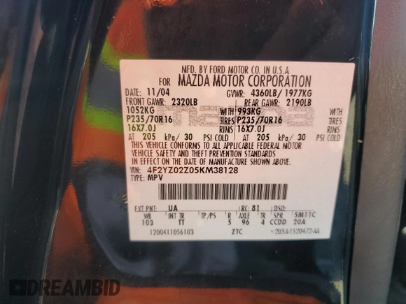 2005 Mazda Tribute i with VIN 4F2YZ02Z05KM38128, listed as a Copart auction lot 83175604 with 320,405 mi miles and Salvage Title. Bid and sale history available at carsss.com. Image 13.
