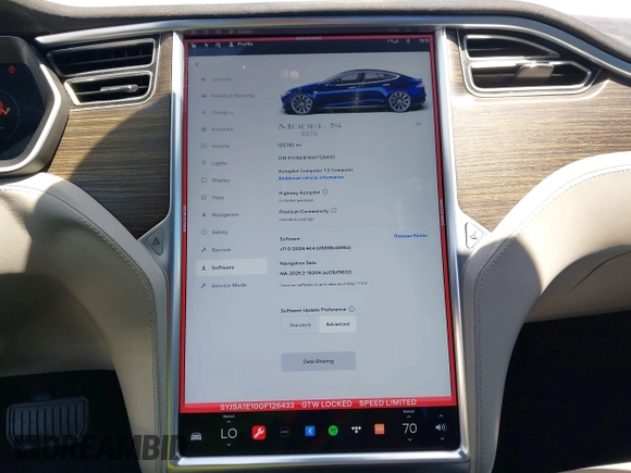 2016 Tesla Model S 70 kWh Battery with VIN 5YJSA1E10GF126433, listed as a IAAI auction lot 42169558 with 120,182 mi miles and . Bid and sale history available at carsss.com. Image 18.