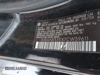 2007 BMW 5 Series 525i with VIN WBANE535X7CW59611, listed as a IAAI auction lot 41850206 with 209,571 mi miles and . Bid and sale history available at carsss.com. Image 9.
