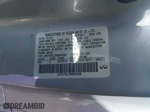 2019 Infiniti Q60 Luxe with VIN JN1EV7EL7KM290268, listed as a IAAI auction lot 42331261 with 95,402 mi miles and . Bid and sale history available at DreamBid. Image 9.