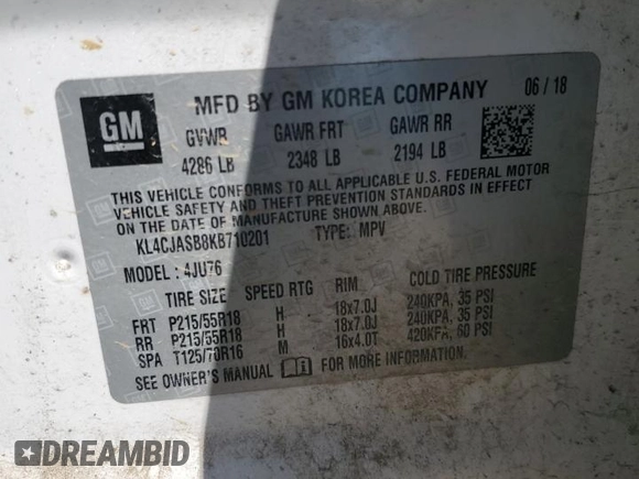 2019 Buick Encore Preferred with VIN KL4CJASB8KB710201, listed as a Copart auction lot 49245675 with 165,424 mi miles and Salvage Title. Bid and sale history available at DreamBid. Image 13.