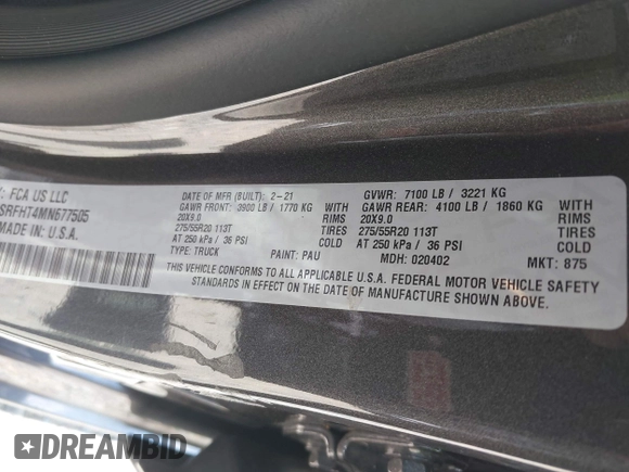 2021 Ram 1500 Limited with VIN 1C6SRFHT4MN677505, listed as a IAAI auction lot 41924966 with 51,121 mi miles and . Bid and sale history available at DreamBid. Image 9.