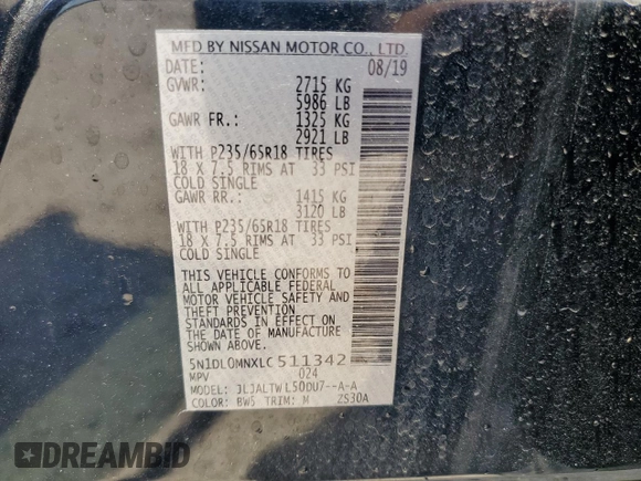2020 Infiniti QX60 Luxe with VIN 5N1DL0MNXLC511342, listed as a Copart auction lot 56343925 with 81,962 mi miles and Salvage title. Bid and sale history available at DreamBid. Image 13.