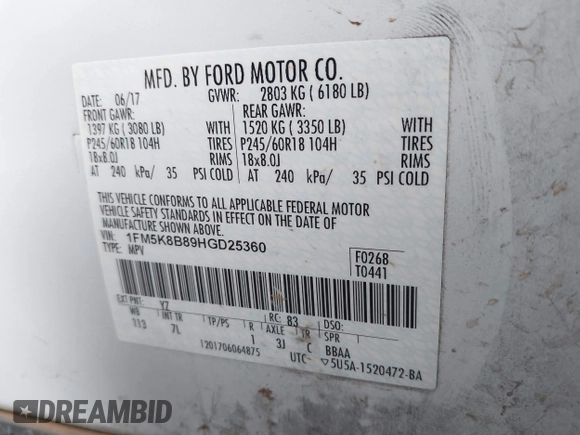 2017 Ford Explorer with VIN 1FM5K8B89HGD25360, listed as a IAAI auction lot 41776607 with 171,758 mi miles and . Bid and sale history available at DreamBid. Image 9.