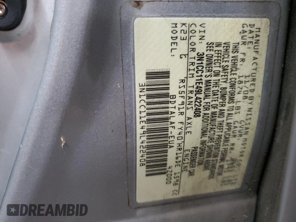 2009 Nissan Versa 1.6 with VIN 3N1CC11E49L422408, listed as a Copart auction lot 55093745 with 169,189 mi miles and Salvage title. Bid and sale history available at DreamBid. Image 13.