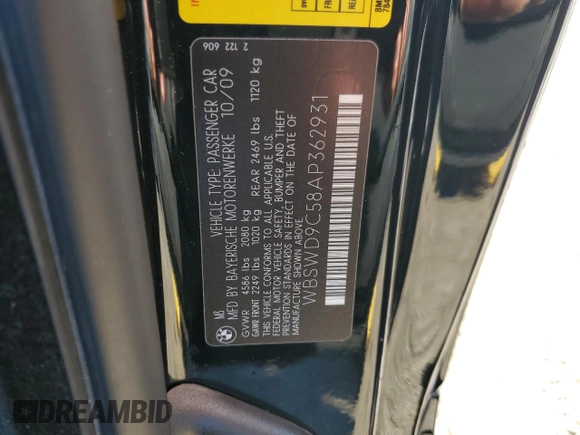 2010 BMW M3 with VIN WBSWD9C58AP362931, listed as a Copart auction lot 73544424 with 66,067 mi miles and Salvage title. Bid and sale history available at DreamBid. Image 13.