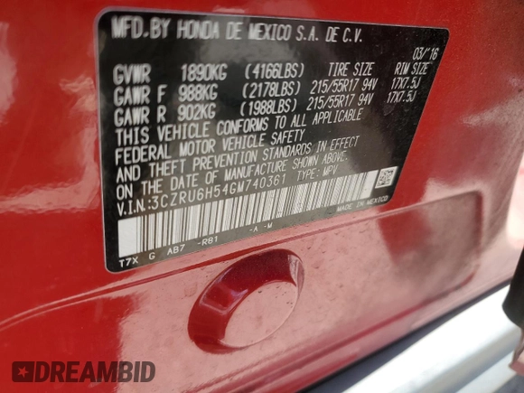 2016 Honda HR-V EX with VIN 3CZRU6H54GM740361, listed as a Copart auction lot 55236305 with 88,291 mi miles and Salvage Title. Bid and sale history available at carsss.com. Image 13.