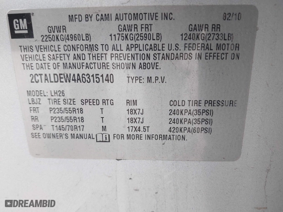 2010 GMC Terrain SLE-2 with VIN 2CTALDEW4A6315140, listed as a IAAI auction lot 42111424 with 132,536 mi miles. Bid and sale history available at carsss.com. Image 9.