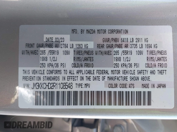 2024 Mazda CX-90 Preferred Plus with VIN JM3KKCHD2R1108548, listed as a IAAI auction lot 42214701 with 41,239 mi miles and . Bid and sale history available at DreamBid. Image 9.
