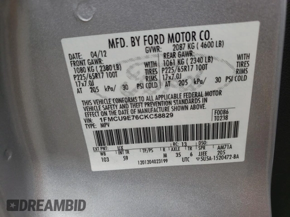 2012 Ford Escape Limited с VIN 1FMCU9E76CKC58829, выставлен на аукционе Copart как лот 63925275 с пробегом 164 473 миль миль и Чистый • Clean title. История ставок и продаж доступна на DreamBid. Изображение 13.