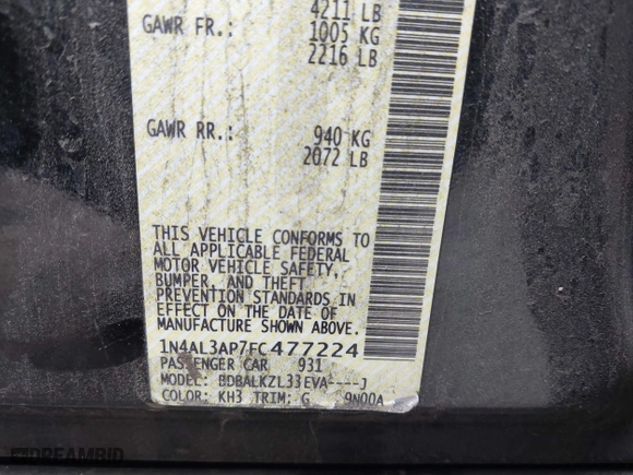 2015 Nissan Altima 2.5 with VIN 1N4AL3AP7FC477224, listed as a IAAI auction lot 41806207 with 147,517 mi miles. Bid and sale history available at carsss.com. Image 9.