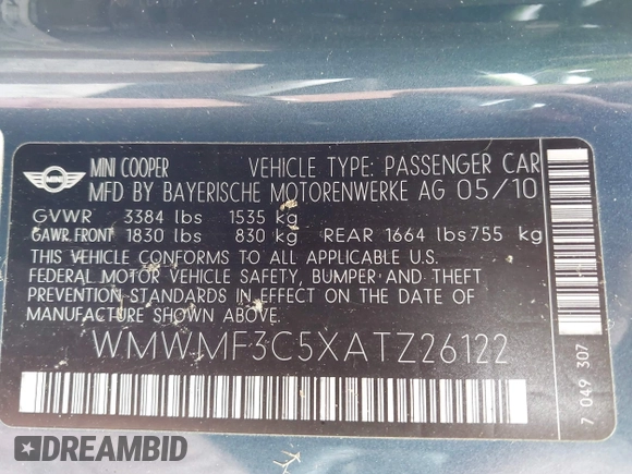 2010 MINI Hardtop with VIN WMWMF3C5XATZ26122, listed as a IAAI auction lot 42377547 with 198,506 mi miles and . Bid and sale history available at DreamBid. Image 9.