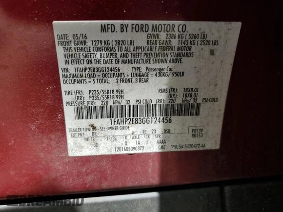 2016 Ford Taurus SEL with VIN 1FAHP2E83GG124456, listed as a Copart auction lot 62854455 with 142,584 mi miles and Clean title. Bid and sale history available at DreamBid. Image 12.
