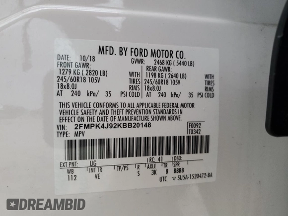 2019 Ford Edge SEL with VIN 2FMPK4J92KBB20148, listed as a Copart auction lot 55312345 with 74,684 mi miles and Salvage title. Bid and sale history available at DreamBid. Image 13.