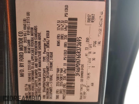 2016 Ford Fusion SE with VIN 3FA6P0H76GR373695, listed as a Copart auction lot 52313285 with 137,366 mi miles and Salvage title. Bid and sale history available at DreamBid. Image 12.