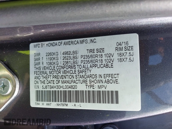 2017 Acura RDX with VIN 5J8TB4H30HL004820, listed as a IAAI auction lot 42123232 with 178,795 mi miles and . Bid and sale history available at DreamBid. Image 9.