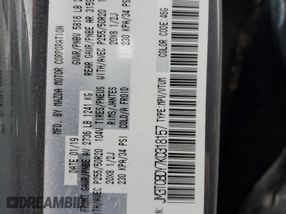 2019 Mazda CX-9 Grand Touring with VIN JM3TCBDY7K0318157, listed as a Copart auction lot 48180395 with 87,423 mi miles and Salvage Title. Bid and sale history available at DreamBid. Image 13.