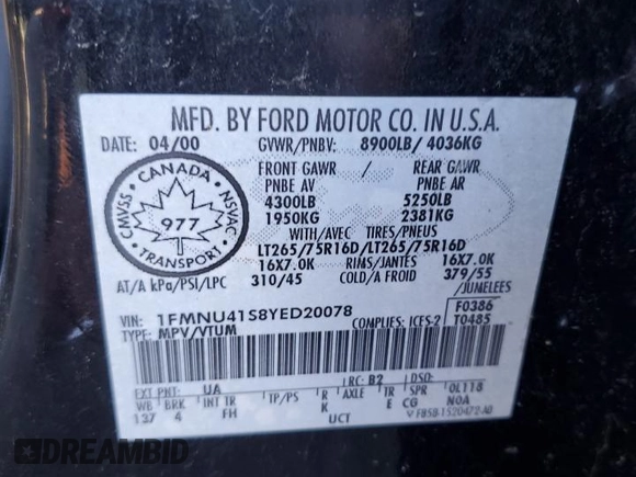 2000 Ford Excursion XLT z VIN 1FMNU41S8YED20078, wystawiony jako Copart lot #80432034 z przebiegiem 233 385 mil mil oraz Szkoda całkowita • Salvage title. Historia ofert i sprzedaży dostępna na DreamBid. Obrazek 13.