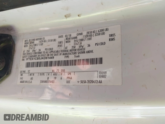 2018 Ford F-150 XL z VIN 1FTEX1CB5JKD81449, wystawiony jako IAAI lot #41362827 z przebiegiem Nie podano mil oraz . Historia ofert i sprzedaży dostępna na DreamBid. Obrazek 9.
