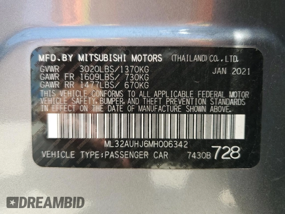 2021 Mitsubishi Mirage ES with VIN ML32AUHJ6MH006342, listed as a Copart auction lot 56396125 with 66,875 mi miles and Salvage title. Bid and sale history available at DreamBid. Image 12.