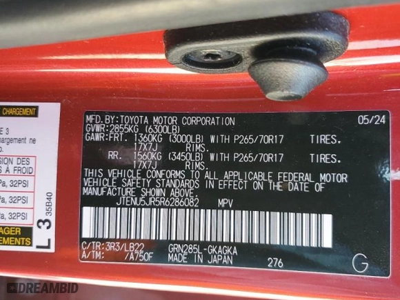 2024 Toyota 4Runner SR5 Premium with VIN JTENU5JR5R6286082, listed as a Copart auction lot 45677905 with 0 mi miles and Clean Title. Bid and sale history available at carsss.com. Image 13.