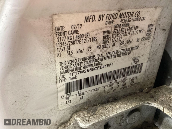 2012 Ford F-250 XL with VIN 1FT7W2B66CEB41821, listed as a IAAI auction lot 42702754 with 174,731 mi miles and . Bid and sale history available at DreamBid. Image 8.