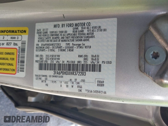 2017 Ford Fusion SE with VIN 3FA6P0HDXHR372203, listed as a IAAI auction lot 42392330 with 172,266 mi miles and . Bid and sale history available at DreamBid. Image 9.