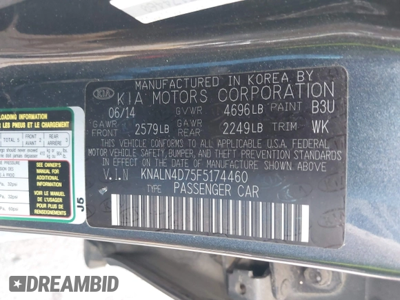 2015 Kia Cadenza Premium z VIN KNALN4D75F5174460, wystawiony jako IAAI lot #42521576 z przebiegiem 172 375 mil mil oraz . Historia ofert i sprzedaży dostępna na DreamBid. Obrazek 9.