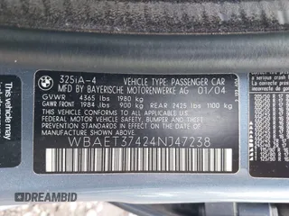 2004 BMW 3 Series 325i z VIN WBAET37424NJ47238, wystawiony jako IAAI lot #42321304 z przebiegiem 158 663 mil mil oraz . Historia ofert i sprzedaży dostępna na DreamBid. Obrazek 9.