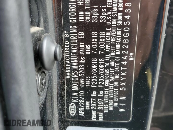 2011 Kia Sorento LX with VIN 5XYKT4A22BG054386, listed as a Copart auction lot 85005104 with 182,281 mi miles and Salvage Title. Bid and sale history available at carsss.com. Image 14.
