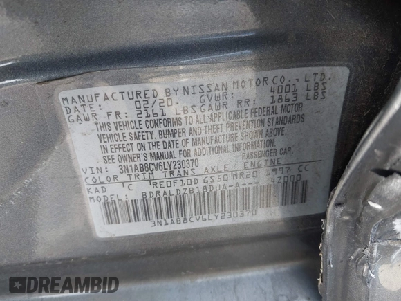 2020 Nissan Sentra SV with VIN 3N1AB8CV6LY230370, listed as a IAAI auction lot 41940017 with 162,187 mi miles and . Bid and sale history available at DreamBid. Image 9.