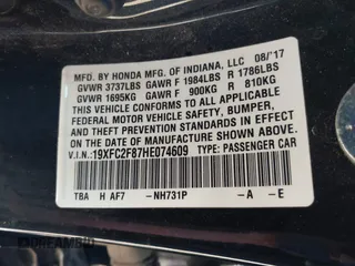2017 Honda Civic EX with VIN 19XFC2F87HE074609, listed as a IAAI auction lot 41401057 with 107,927 mi miles and . Bid and sale history available at DreamBid. Image 9.