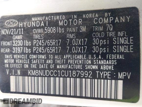 2012 Hyundai Veracruz Limited с VIN KM8NUDCC1CU187992, выставлен на аукционе IAAI как лот 41593861 с пробегом 130 950 миль миль и . История ставок и продаж доступна на DreamBid. Изображение 9.