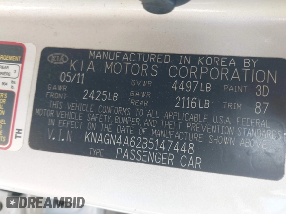 2011 Kia Optima EX with VIN KNAGN4A62B5147448, listed as a IAAI auction lot 41823132 with 219,412 mi miles and . Bid and sale history available at carsss.com. Image 9.
